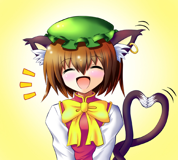 animal_ears brown_hair cat_ears cat_tail chen hat heart heart_tail osashin_(osada) smile solo tail touhou