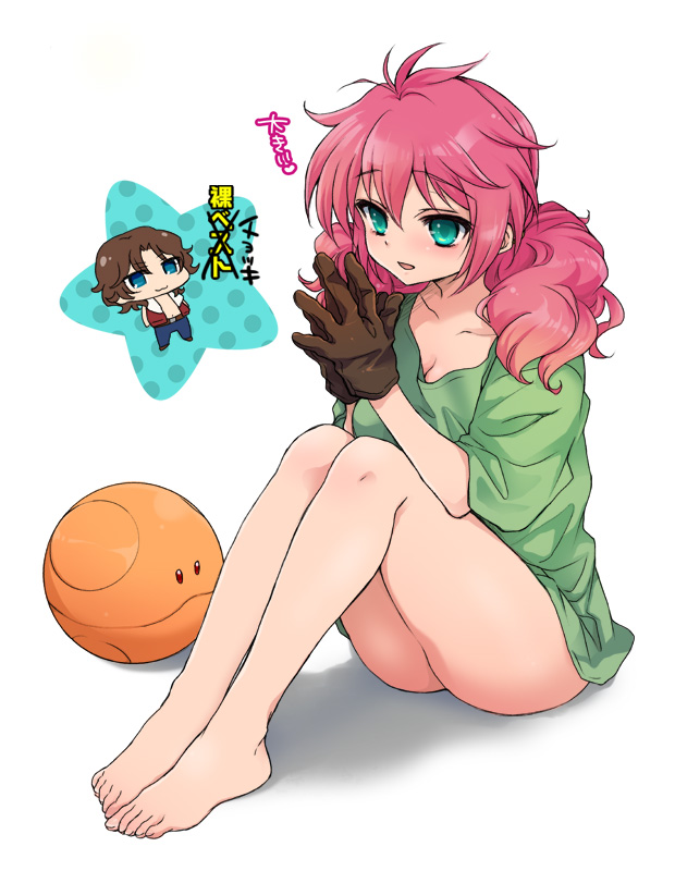 1girl :3 aqua_eyes barefoot bottomless breasts chibi feet feldt_grace gloves gundam gundam_00 haro legs lockon_stratos long_hair naked_shirt neil_dylandy oversized_clothes pink_hair plum_(arch) shirt simple_background sitting small_breasts smile t-shirt toes twintails