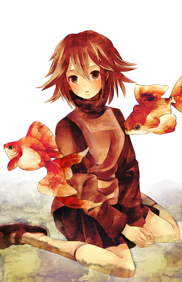 blonde_hair fish goldfish hands_together looking_at_viewer open_mouth pochiron sepia sitting socks solo surreal traditional_media turtleneck urotsuki wariza watercolor_(medium) white_legwear yume_2kki