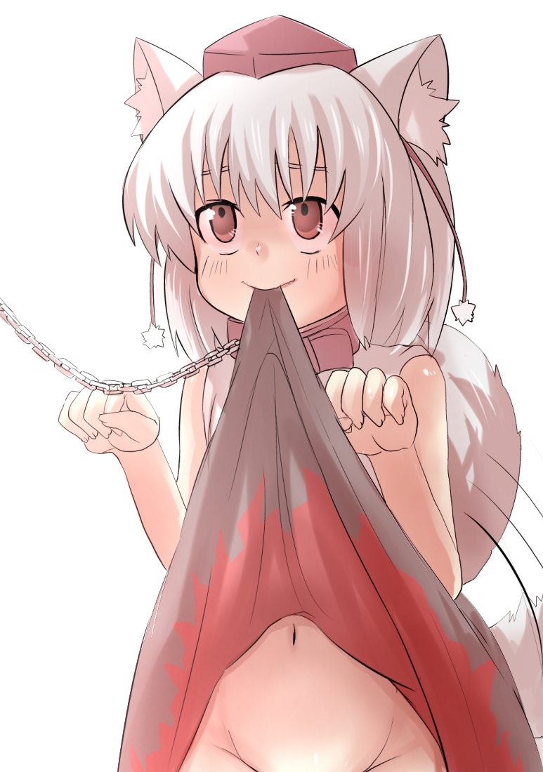 animal_ears chain collar gaoo_(frpjx283) groin hat inubashiri_momiji medium_skirt mouth_hold navel no_panties out-of-frame_censoring print_skirt red_eyes red_skirt short_hair simple_background skirt skirt_in_mouth skirt_lift solo tail tail_wagging tokin_hat touhou upper_body wolf_ears wolf_tail