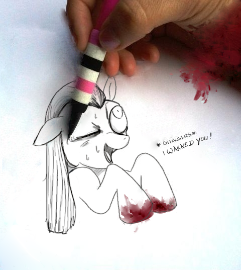 blood creating_art cute dialog duo english_text equine female friendship_is_magic hand horse insane line_art mammal marker marker_(art) meta mixed_media monochrome my_little_pony one_eye_closed pinkamena_(mlp) pinkie_pie_(mlp) plain_background pony real spot_color sweat text traditional_media violence white_background wounded