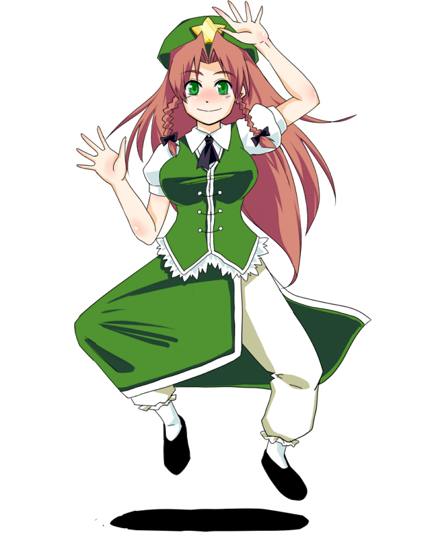 braid chinese_clothes green_eyes hat hong_meiling kuze long_hair red_hair solo touhou