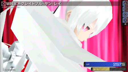 animated animated_gif arm_cannon ass bikini_top black_rock_shooter black_rock_shooter_(game) boots gif long_hair lowres midriff navel purple_eyes shorts weapon white_hair white_rock_shooter wings