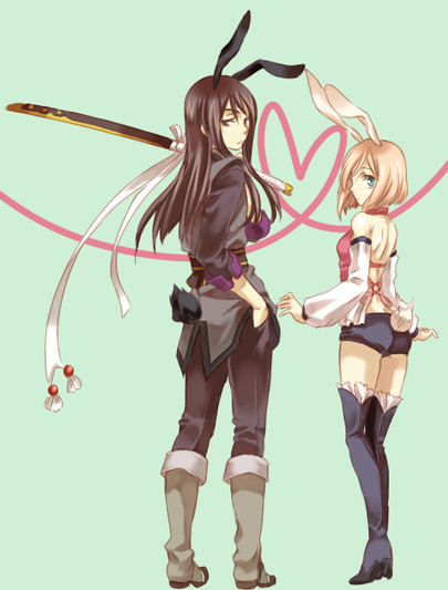 1girl animal_ears black_hair blue_eyes boots bunny_ears bunny_tail detached_sleeves estellise_sidos_heurassein grey_footwear heart heart_of_string knee_boots long_hair miho_(mi) pink_hair short_hair shorts sword tail tales_of_(series) tales_of_vesperia thigh_boots thighhighs weapon yuri_lowell