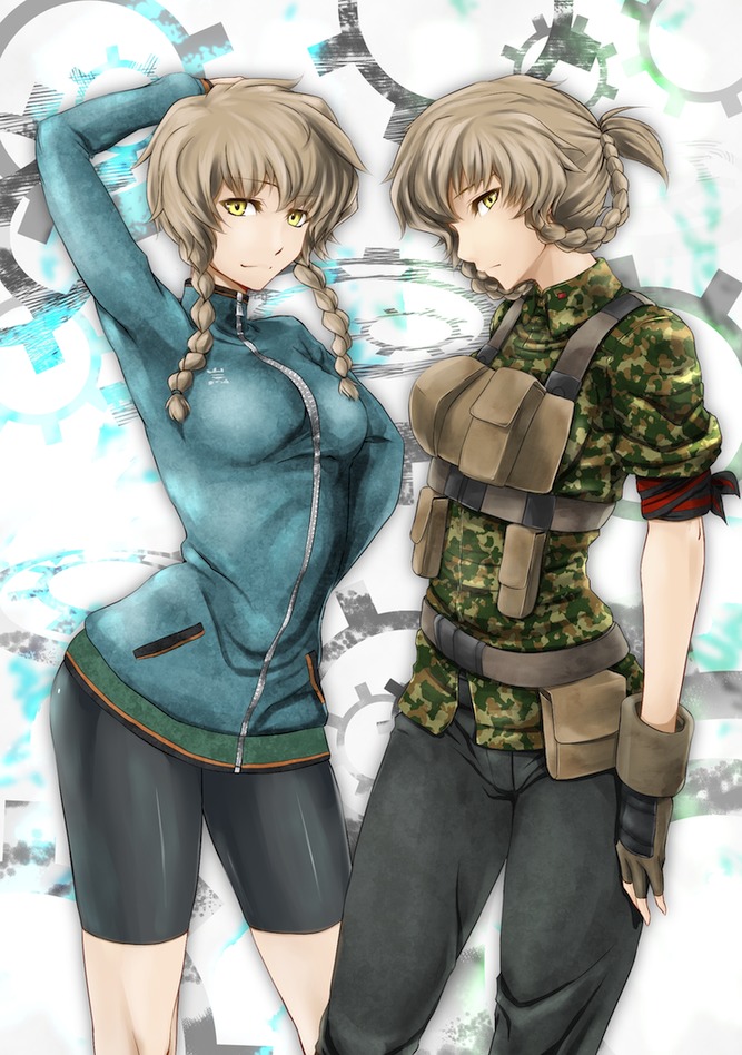 amane_suzuha armband bad_id bad_pixiv_id bike_shorts braid brown_hair camouflage dual_persona fingerless_gloves gloves jacket load_bearing_vest long_hair multiple_girls shinon_(tokage_shuryou) shorts sleeves_rolled_up steins;gate track_jacket twin_braids woodland_pattern yellow_eyes