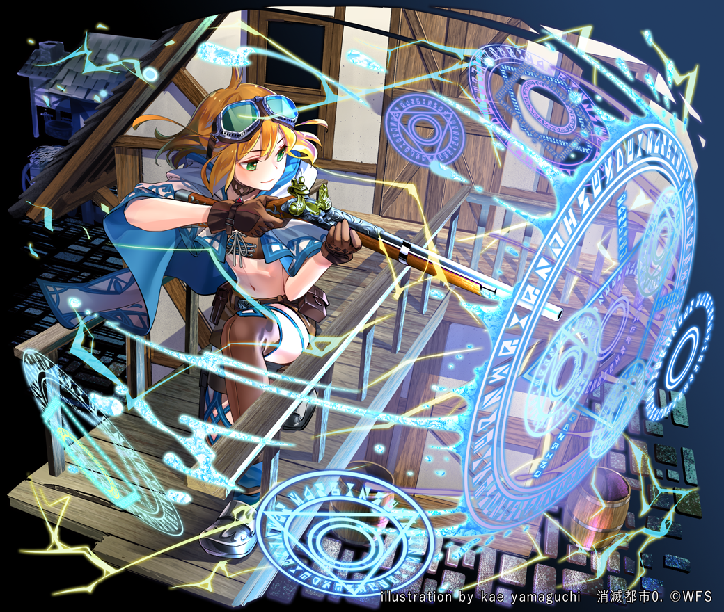 1girl ahoge aiming barrel blue_cape brown_footwear brown_gloves brown_hair brown_legwear brown_shorts cape door gloves goggles goggles_on_head green_eyes gun holding holding_gun holding_weapon kaekae kneeling magic_circle midriff navel official_art pouch railing shoes shorts shoumetsu_toshi solo thighhighs weapon