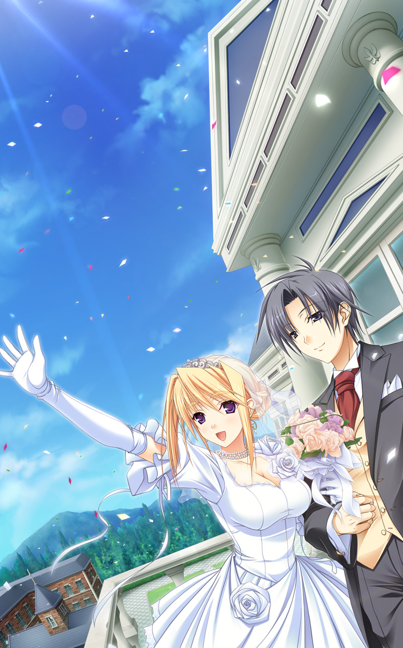 arima_teppei blonde_hair breasts cleavage cloud clouds dress flower grey_eyes grey_hair highres large_breasts princess_lover purple_eyes silvia_van_hossen sky wedding wedding_dress