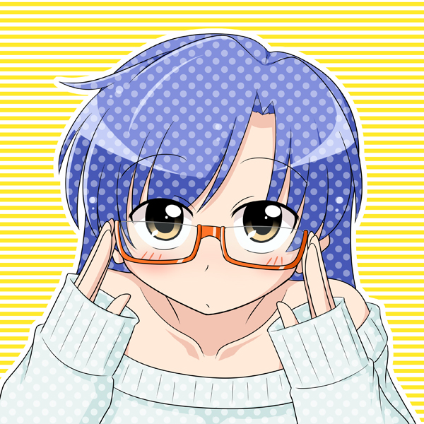 bare_shoulders bespectacled blue_hair blush brown_eyes face glasses idolmaster idolmaster_(classic) kisaragi_chihaya long_hair red-framed_eyewear sleeves_past_wrists solo sweater wagomu17