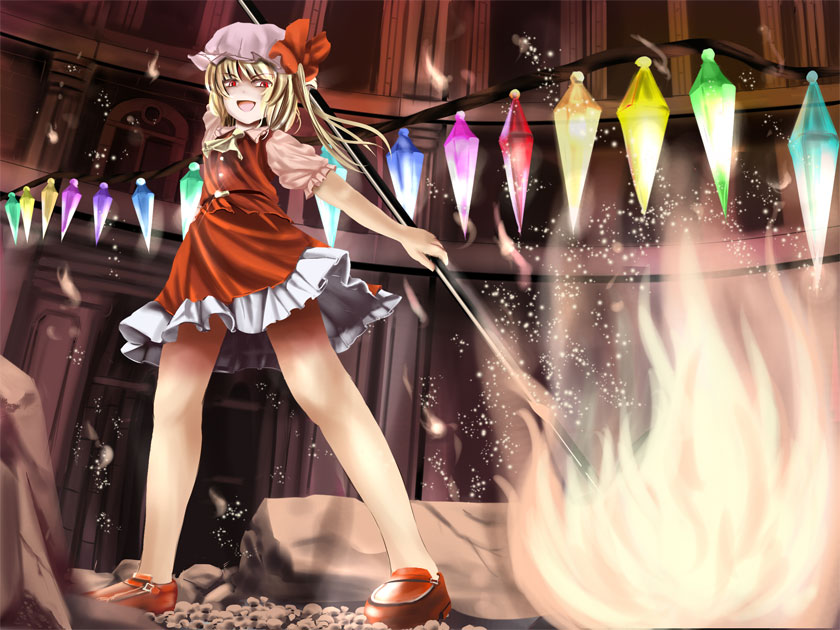 aw bad_id bad_pixiv_id blonde_hair fire flandre_scarlet red_eyes short_hair side_ponytail solo touhou wings