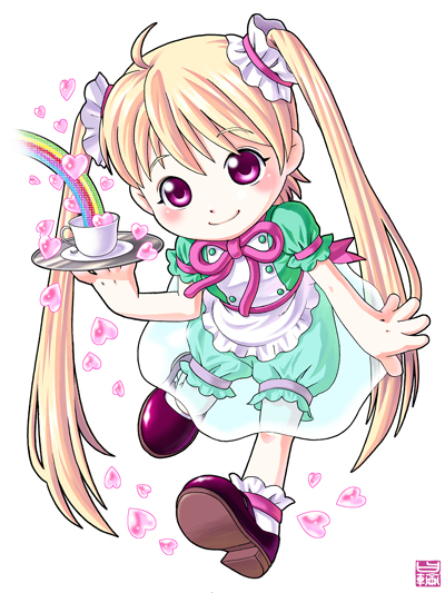 ahoge blonde_hair child cup heart hinowa_you long_hair original pink_eyes rainbow smile solo teacup tray twintails