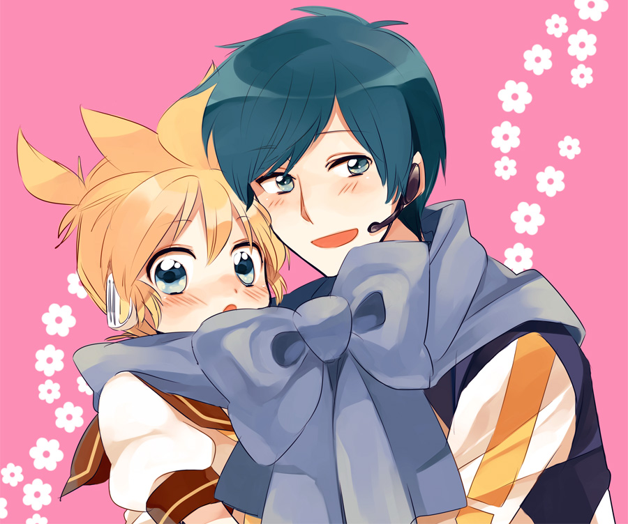 amezawa_koma bad_id bad_pixiv_id blonde_hair blue_eyes blue_hair blue_scarf blush bow headphones headset kagamine_len kaito male_focus multiple_boys pink_background scarf scarf_bow shared_scarf simple_background smile upper_body vocaloid