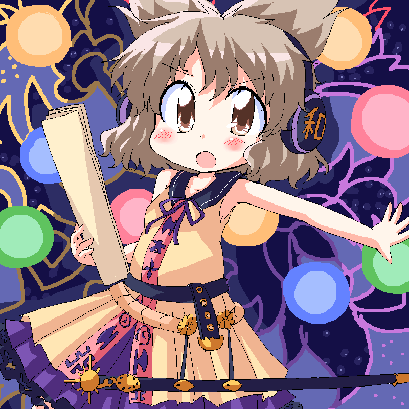 brown_eyes brown_hair chibi earmuffs geetsu scabbard sheath sheathed shirt sleeveless sleeveless_shirt solo sword touhou toyosatomimi_no_miko weapon