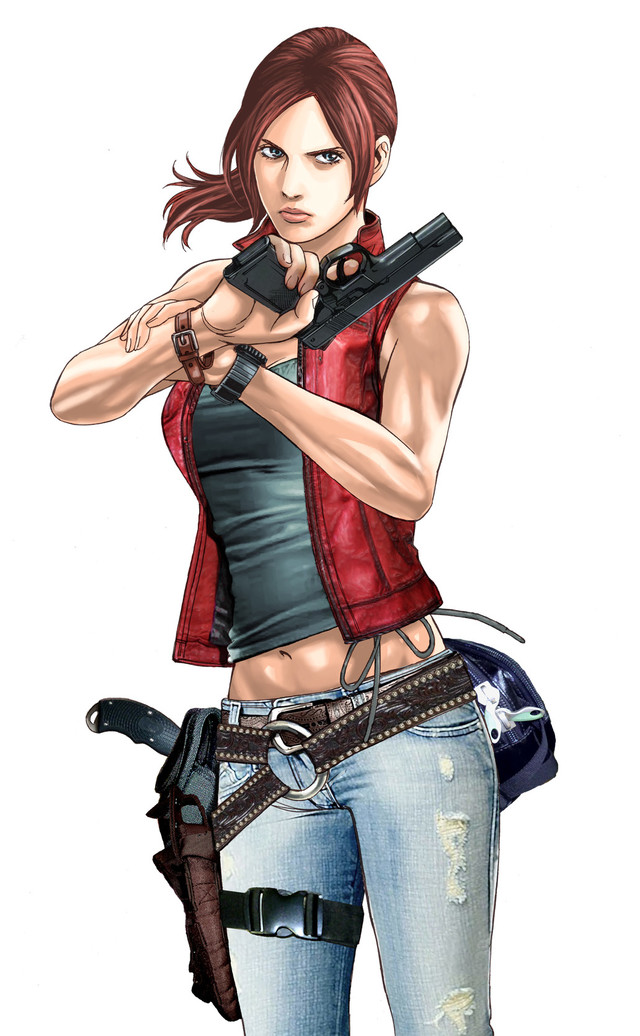 1girl bag bare_shoulders belt black_tank_top blue_eyes brown_hair claire_redfield closed_mouth denim gun holding holding_gun holding_weapon holster jeans knife looking_back midriff naoki_serizawa navel pants ponytail red_vest resident_evil ripped_jeans sleeveless solo standing vest watch weapon