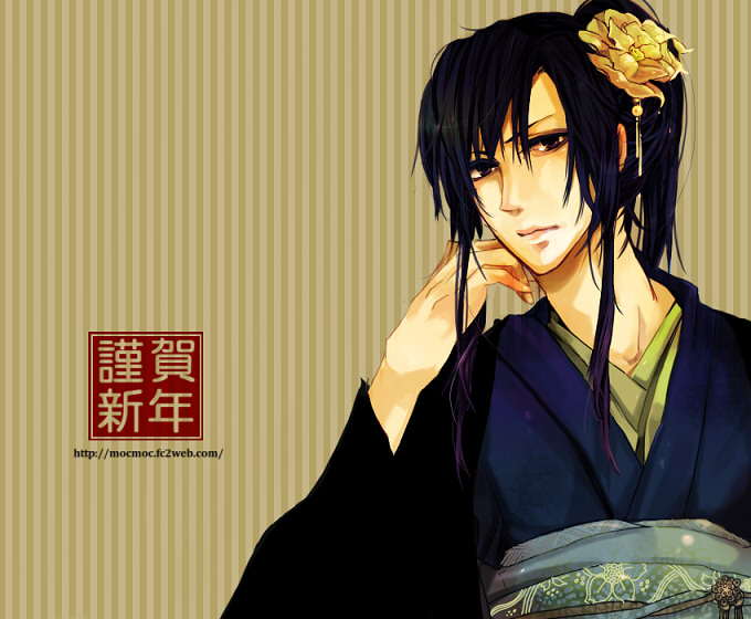 androgynous black_hair crossdress crossdressing d.gray-man flower japanese_clothes kanda_yuu kimono male male_focus ponytail solo