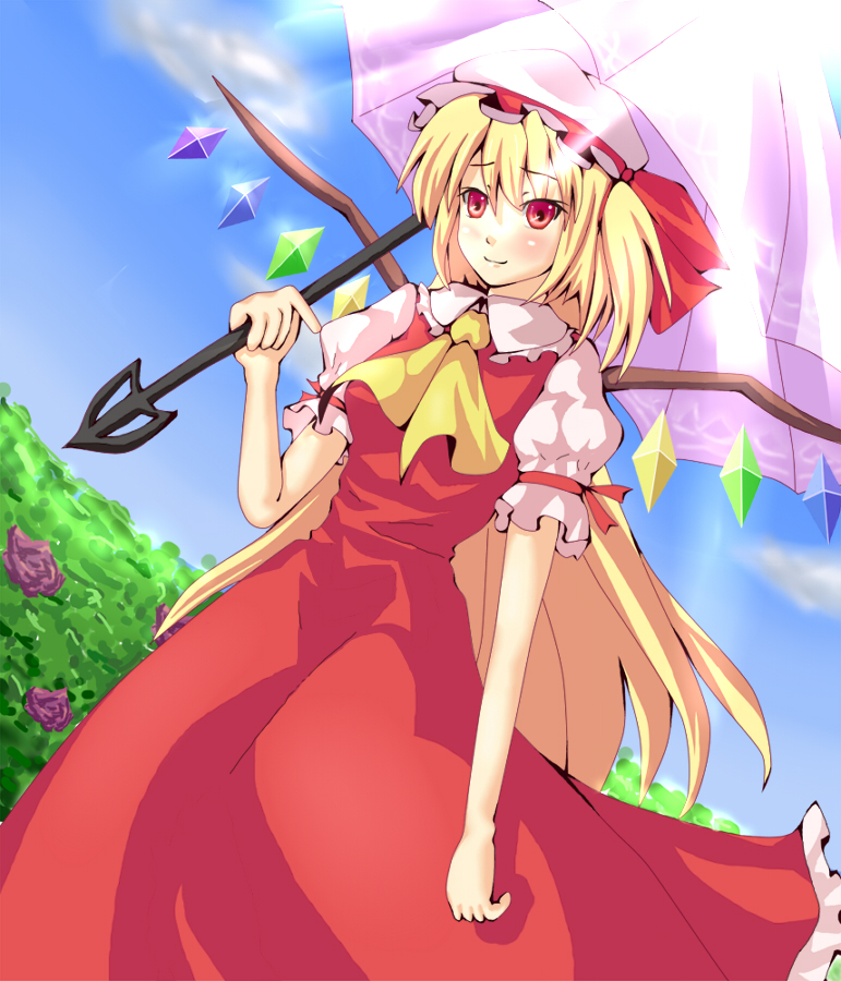 bad_hands blonde_hair flandre_scarlet hat long_hair red_eyes ryosios side_ponytail solo touhou umbrella wings