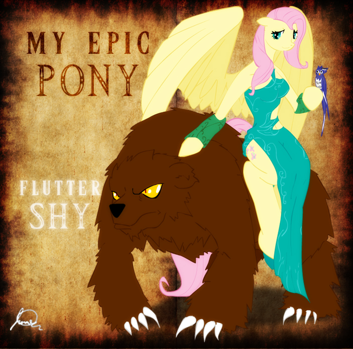 anthrofied avian bear bird blue_eyes breasts cutie_mark dress english_text equine female fluttershy_(mlp) friendship_is_magic hair mammal my_epic_pony my_little_pony pegasus pink_hair ryuukiba tail text wings yellow_eyes