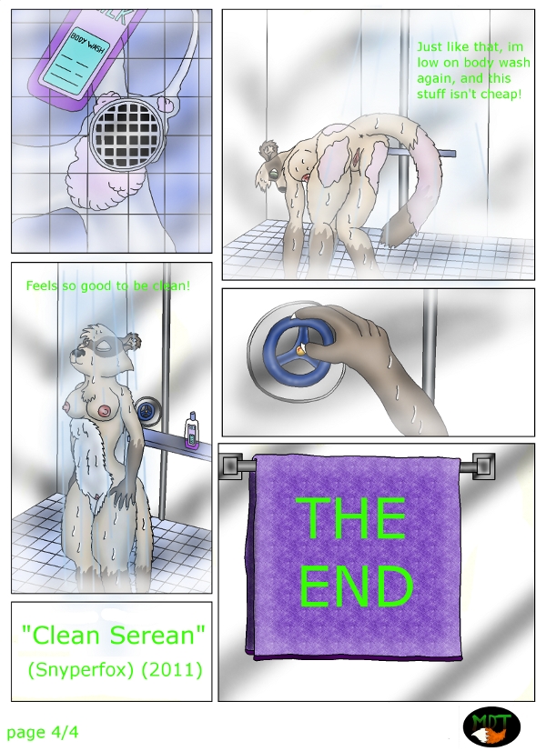 2011 breasts chest comic female ferret green_eyes mdt nipples pussy shower snyperfox tail text tuft washing water wet