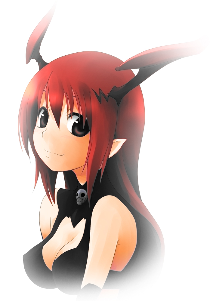 bare_shoulders black_eyes breasts chu_(artist) cleavage demon_girl long_hair looking_at_viewer lord_of_vermilion pointy_ears red_hair smile solo succubus succubus_(lord_of_vermilion)
