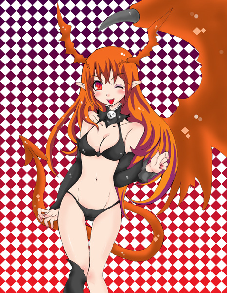 bare_shoulders bikini breasts cleavage demon_girl elbow_gloves fangs gloves long_hair lord_of_vermilion midriff navel open_mouth orange_hair pointy_ears red_eyes single_wing smile solo succubus succubus_(lord_of_vermilion) swimsuit tail wings wink