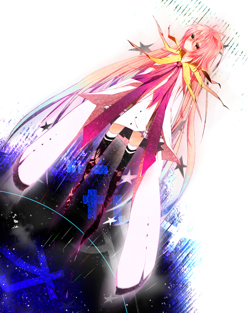 bad_id bad_pixiv_id gradient_hair long_hair meteor_(vocaloid) multicolored_hair pink_eyes pink_hair rin_(kakuera) sleeves_past_wrists solo thighhighs very_long_hair vocaloid zettai_ryouiki