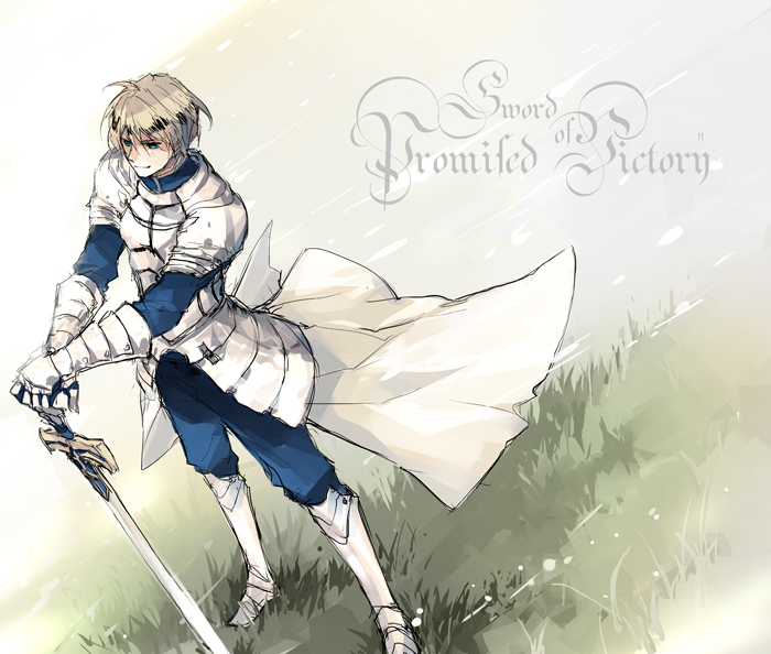 armor arthur_pendragon_(fate) blonde_hair boots excalibur fate/prototype fate/stay_night fate_(series) gauntlets green_eyes male_focus prototype saver skyfly17 solo sword weapon