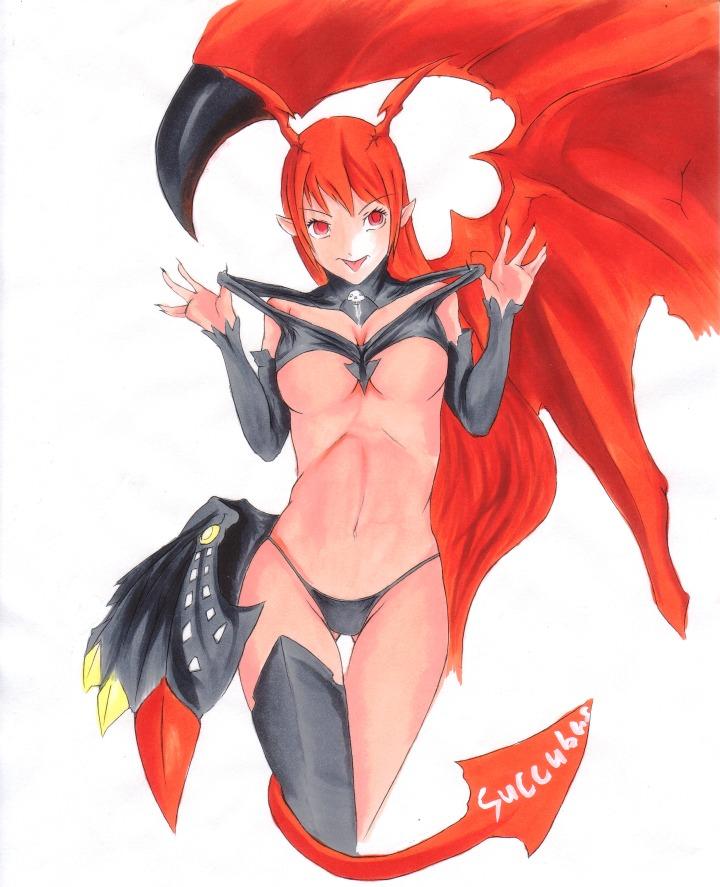 :p asymmetrical_clothes asymmetrical_clothing breasts demon_girl detached_sleeves long_hair lord_of_vermilion midriff pointy_ears red_eyes red_hair single_thighhigh single_wing solo succubus succubus_(lord_of_vermilion) tail thighhighs tongue tongue_out underboob wings