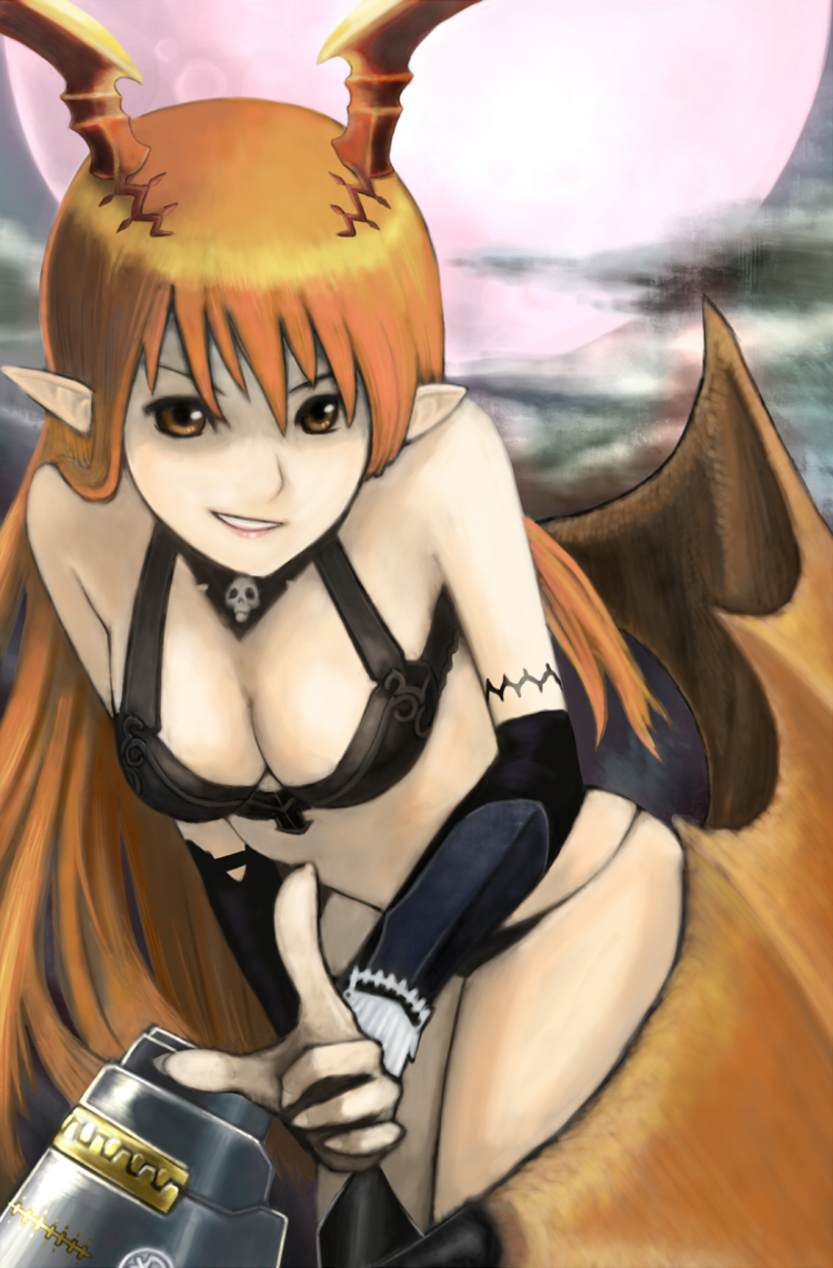 bare_shoulders bikini breast breasts cleavage demon_girl elbow_gloves gloves it_apollo long_hair lord_of_vermilion orange_eyes orange_hair pointy_ears smile solo succubus succubus_(lord_of_vermilion) swimsuit thighhighs