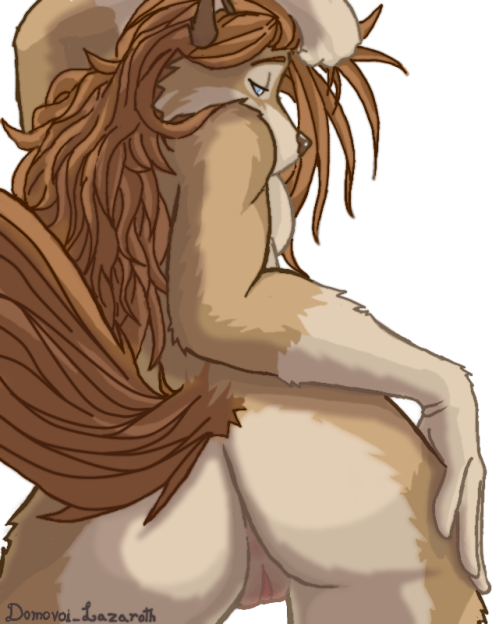 blind blue_eyes breasts brown_hair butt canine domovoi_lazaroth female hair looking_back luna_(character) mammal nude plain_background pose pussy solo white_background wolf