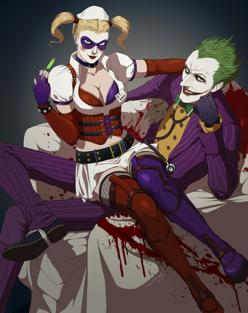 1girl alternate_costume batman:_arkham_asylum batman_(series) blonde_hair blood blue_eyes bow breasts cleavage corset dc_comics domino_mask fingerless_gloves fishnets gb_(doubleleaf) gloves green_eyes green_hair grin harley_quinn large_breasts mask midriff navel smile stethoscope syringe the_joker thighhighs twintails