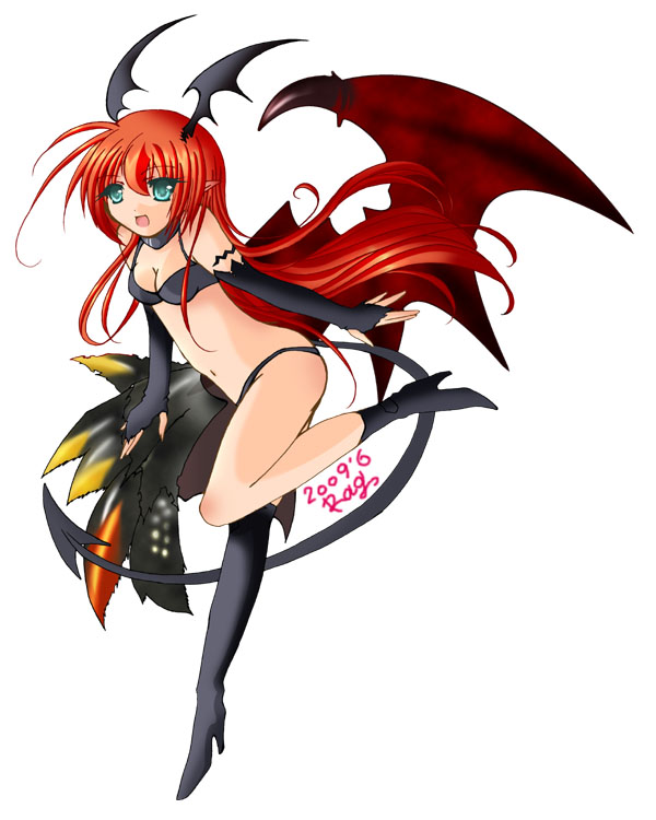 asymmetrical_clothes asymmetrical_clothing bare_shoulders bikini breasts cleavage demon_girl elbow_gloves gloves green_eyes high_heels long_hair lord_of_vermilion midriff navel open_mouth pointy_ears red_hair shoes single_wing solo succubus succubus_(lord_of_vermilion) swimsuit tail wings