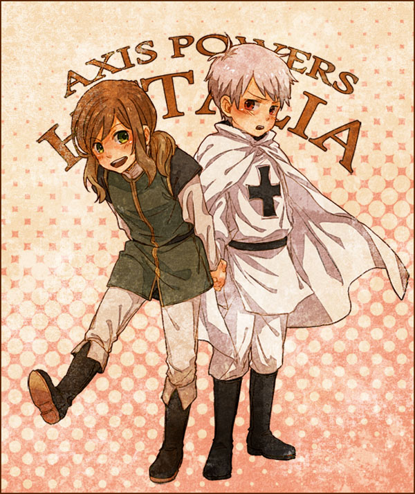 1girl axis_powers_hetalia bad_id bad_pixiv_id bangs belt blush boots border brown_hair child cloak crossdressing english frown green_eyes grey_hair halftone halftone_background happy holding_hands hungary_(hetalia) leaning leaning_forward military military_uniform open_mouth pants polka_dot ponytail prussia_(hetalia) red_eyes short_hair shou_g standing standing_on_one_leg swept_bangs teeth text_focus tunic uniform younger