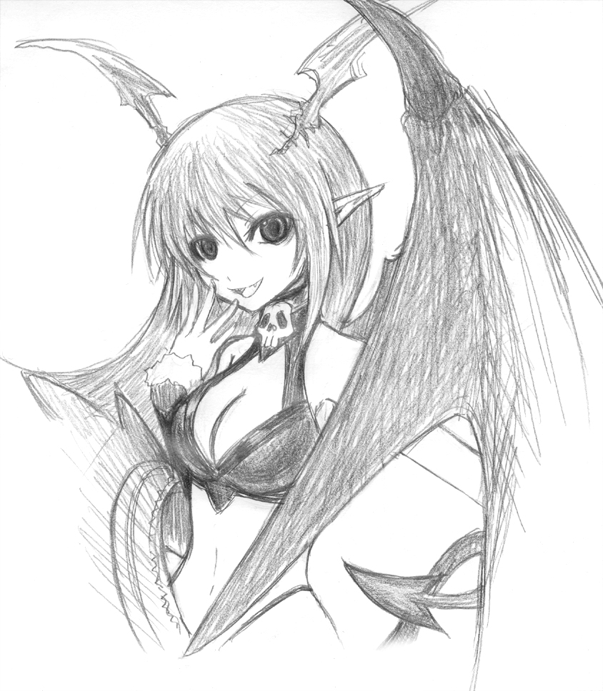 am24 bare_shoulders bikini breasts cleavage demon_girl fangs long_hair lord_of_vermilion midriff navel open_mouth pointy_ears sketch smile solo succubus succubus_(lord_of_vermilion) swimsuit tail traditional_media