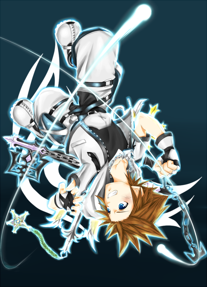 alternate_costume bad_id bad_pixiv_id blue_eyes brown_hair clenched_teeth fingerless_gloves gloves jewelry kingdom_hearts making_of male_focus necklace solo sora_(kingdom_hearts) sugi_sun teeth upside-down