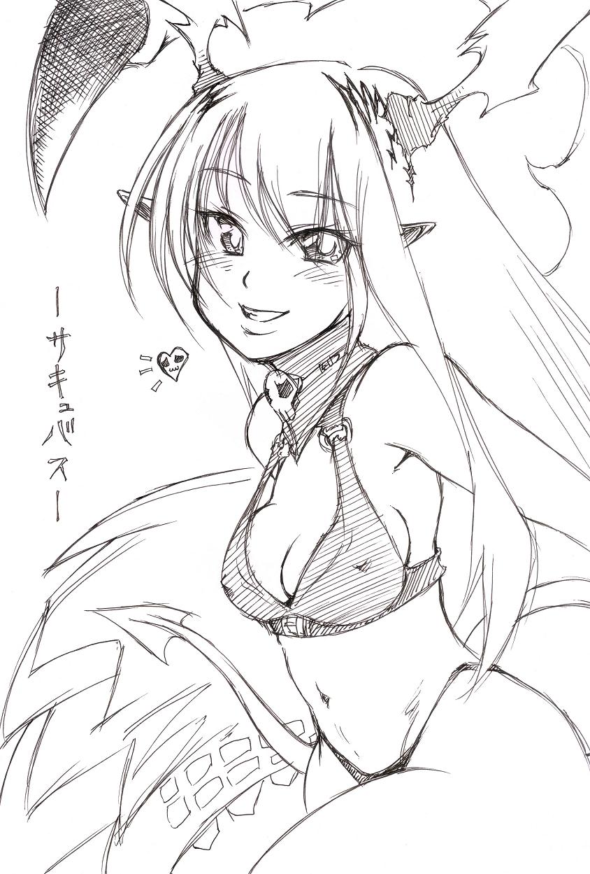 bare_shoulders bikini breasts cleavage demon_girl erect_nipples highres long_hair looking_at_viewer lord_of_vermilion midriff navel open_mouth pointy_ears sketch smile solo succubus succubus_(lord_of_vermilion) swimsuit tail