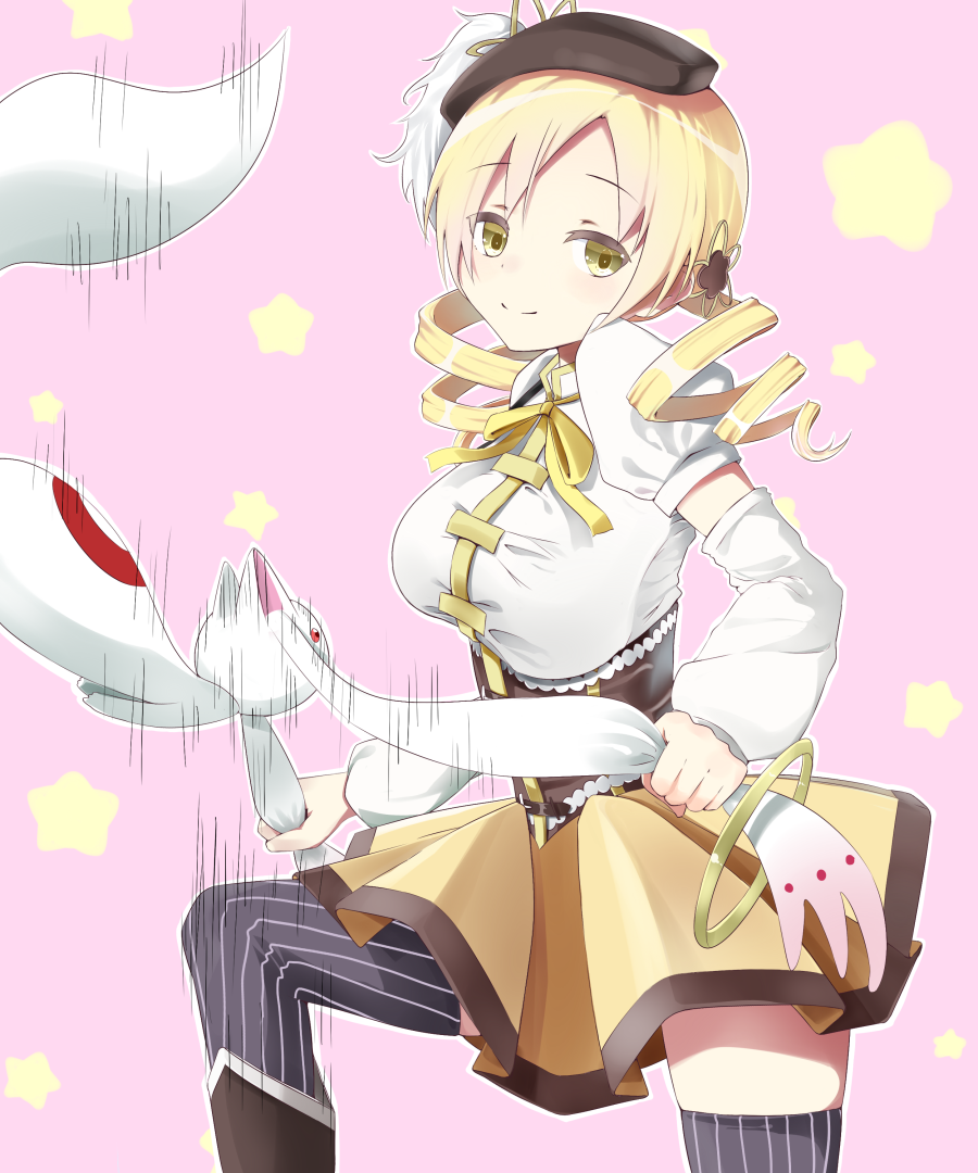 beret blonde_hair boots breasts corset detached_sleeves drill_hair fingerless_gloves gloves hair_ornament hat kyubey magical_girl mahou_shoujo_madoka_magica medium_breasts miniskirt motion_lines pleated_skirt puffy_sleeves ribbon skirt striped striped_legwear tafks thighhighs tomoe_mami twin_drills twintails vertical-striped_legwear vertical_stripes yellow_eyes yellow_skirt