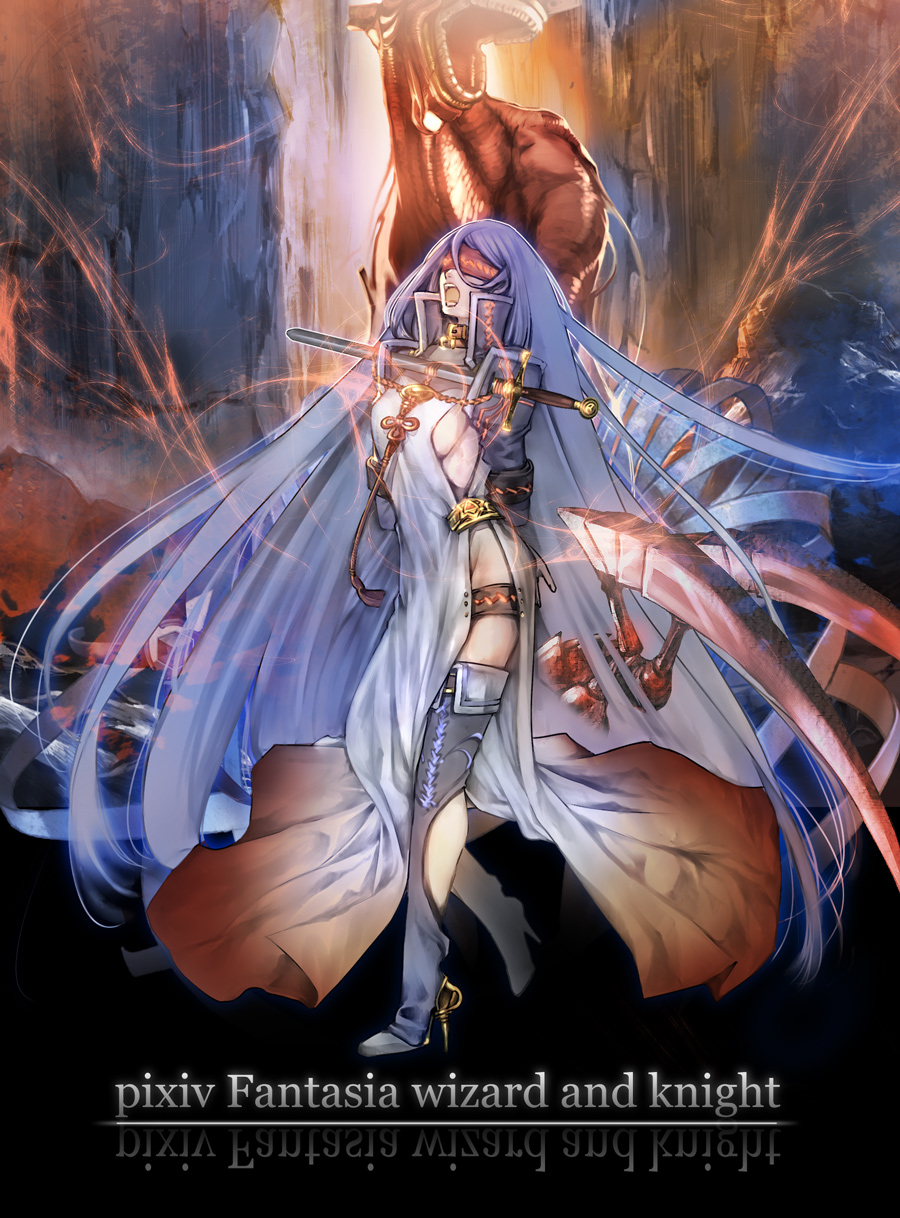 arms_behind_back bdsm blindfold blue_hair bondage boots bound bound_arms breasts collar high_heels highres long_hair medium_breasts open_mouth pixiv_fantasia pixiv_fantasia_wizard_and_knight shoes side_slit sideboob solo standing sword takayama_dan thigh_boots thigh_strap thighhighs very_long_hair weapon