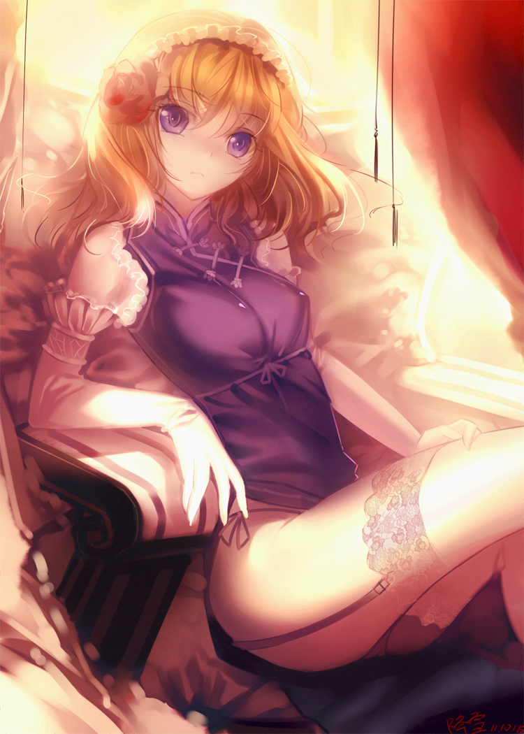 alice_margatroid alternate_costume arm_rest blonde_hair brown_hair chair elbow_gloves face flower garter_straps gloves hair_flower hair_ornament kousetsu_(jiangxue) lace lace-trimmed_thighhighs panties purple_eyes short_hair side-tie_panties signature sitting solo thighhighs touhou underwear white_gloves white_legwear
