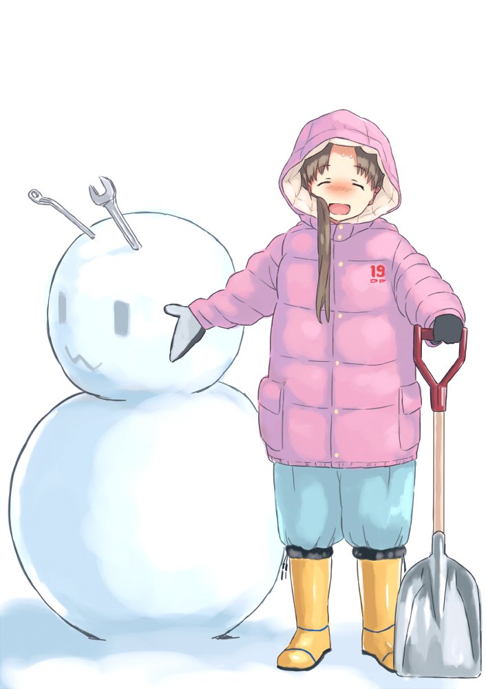 1girl ^_^ alternate_costume aqua_pants ayanami_(kantai_collection) blush boots brown_hair closed_eyes coat eyes_closed gloves holding_shovel hood hooded_jacket jacket kantai_collection long_hair long_sleeves matsutani open_mouth pink_clothes pink_jacket shovel side_ponytail simple_background smile snowman solo standing sweat white_background winter_clothes winter_coat wrench yellow_footwear |w|