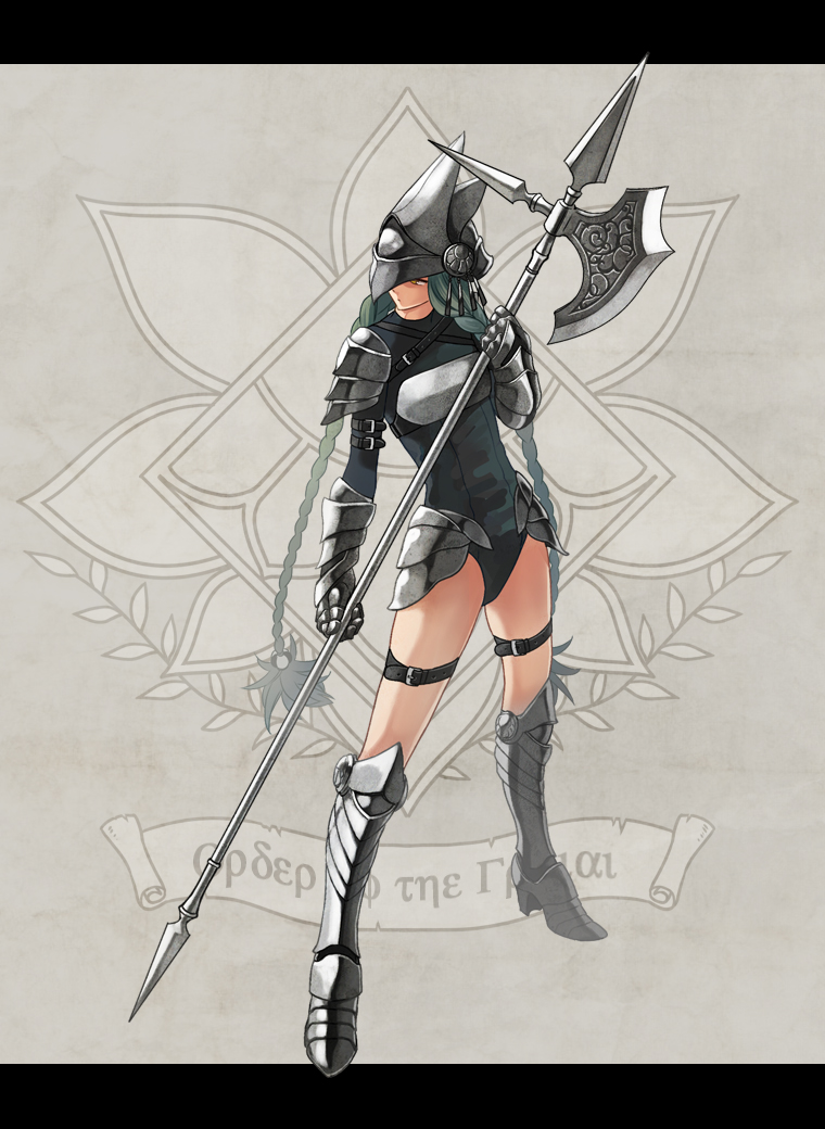 armor braid gauntlets greaves green_hair halberd helmet kalnow letterboxed long_hair pixiv_fantasia pixiv_fantasia_wizard_and_knight polearm solo standing thigh_strap twin_braids very_long_hair weapon yellow_eyes