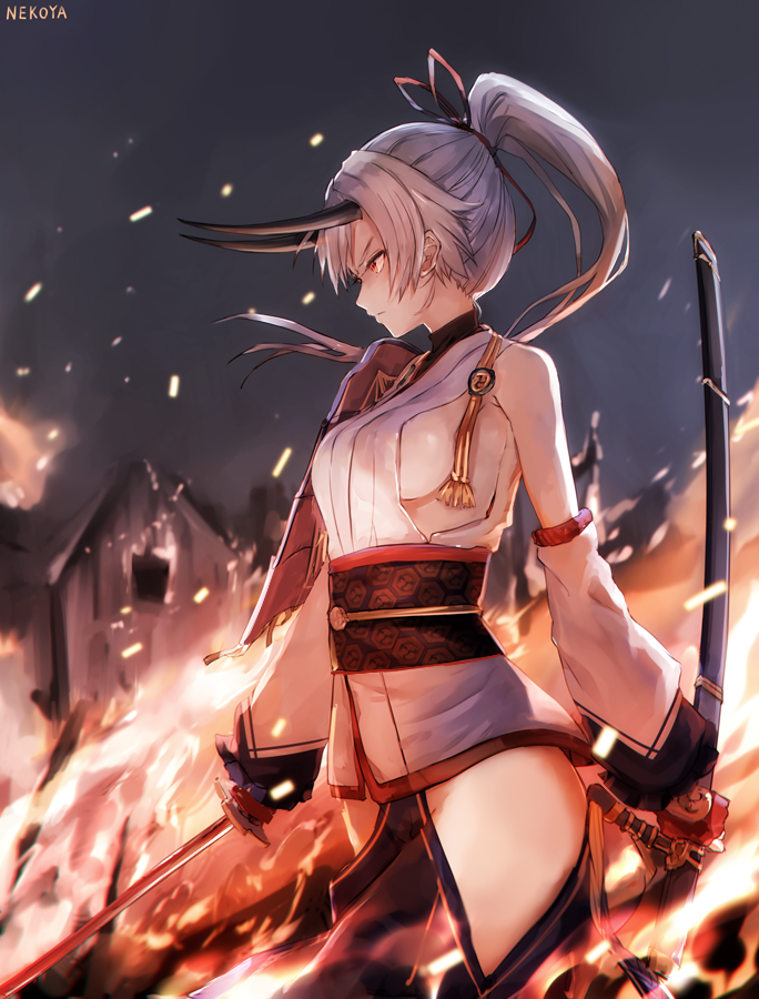 bangs black_ribbon breasts burning_eye closed_mouth commentary_request destruction detached_sleeves dyolf fate/grand_order fate_(series) fire gloves hair_ribbon high_ponytail hip_vent holding holding_sheath holding_sword holding_weapon horns japanese_clothes katana kimono long_hair long_sleeves looking_away medium_breasts no_bra obi oni oni_horns outdoors ponytail profile puffy_long_sleeves puffy_sleeves red_eyes red_gloves revealing_clothes ribbon sash sheath sideboob signature silver_hair sleeveless sleeveless_kimono solo sword tomoe_gozen_(fate/grand_order) unsheathed weapon white_kimono white_sleeves