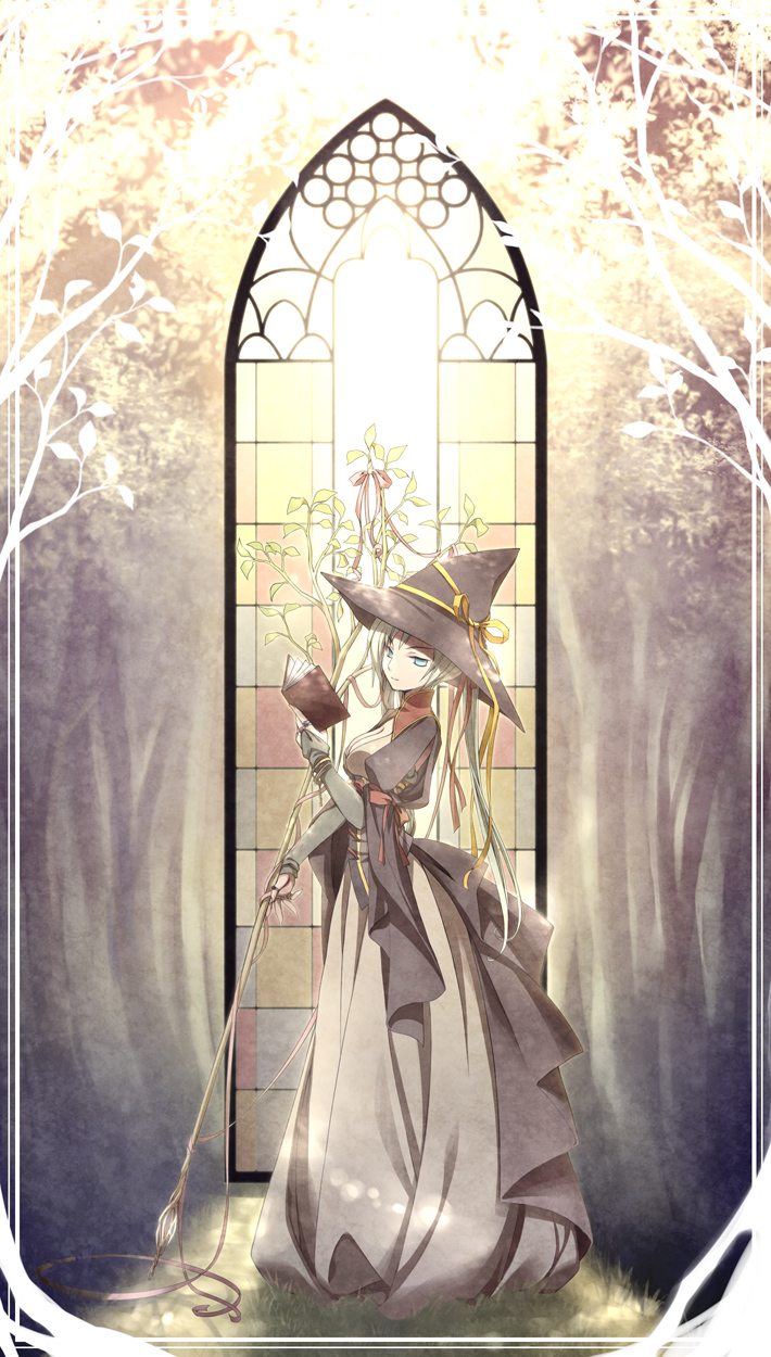 allegretto_(pixiv) blonde_hair blue_eyes dress hat highres leaf long_hair pixiv_fantasia pixiv_fantasia_wizard_and_knight plant ribbon solo stained_glass witch_hat