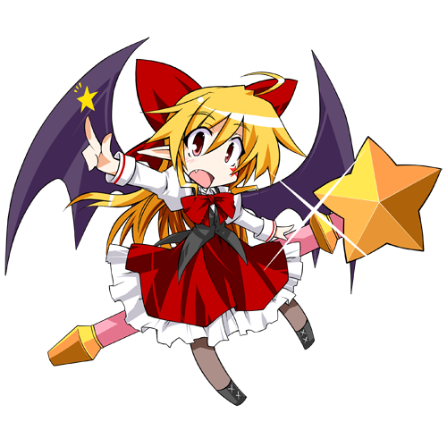 ahoge bat_wings blonde_hair bow bowtie chibi dress elis_(touhou) facepaint fang hair_bow hemogurobin_a1c index_finger_raised lowres open_mouth pantyhose pointy_ears red_eyes simple_background solo star touhou touhou_(pc-98) wand wings