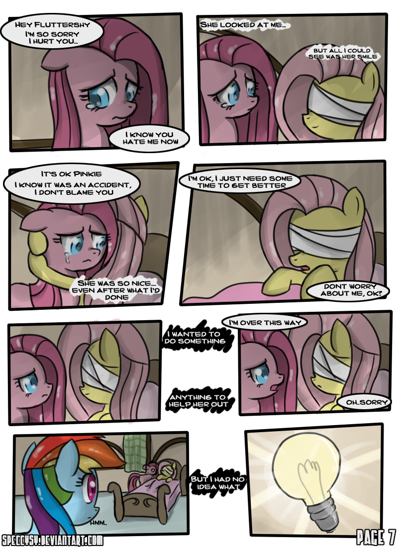 comic dialog dialogue english_text equine female feral fluttershy_(mlp) friendship_is_magic group horse idea lesbian lightbulb mammal my_little_pony nurse pegasus pinkamena_(mlp) pinkie_pie_(mlp) pony rainbow_dash_(mlp) speccysy straight_hair text wings wounded