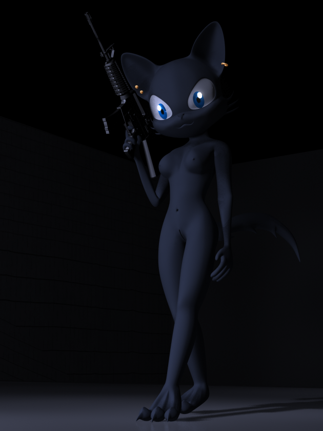 3d blue_eyes breasts destiny destiny_blackmoon feline female gun looking_at_viewer mammal nude ranged_weapon solo weapon