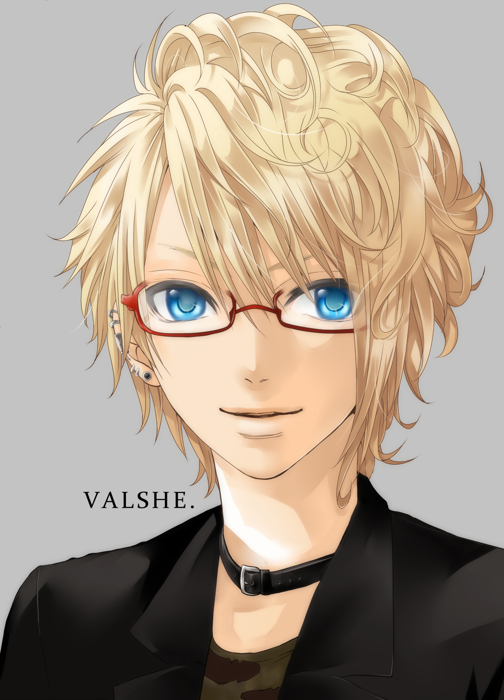 blonde_hair blue_eyes collar earrings glasses hakuseki highres jewelry male_focus niconico red-framed_eyewear solo valshe