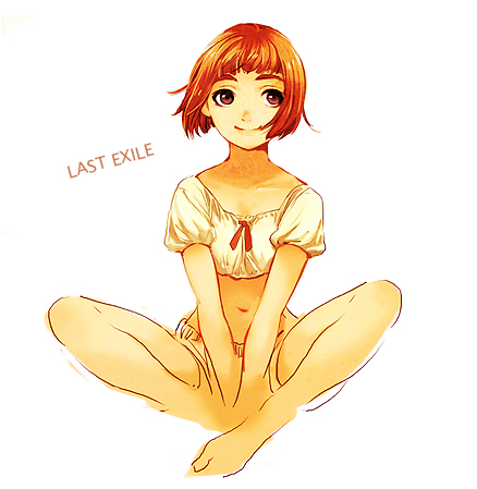 crop_top hosoime last_exile lavie_head lowres midriff navel red_hair short_hair shorts smile solo