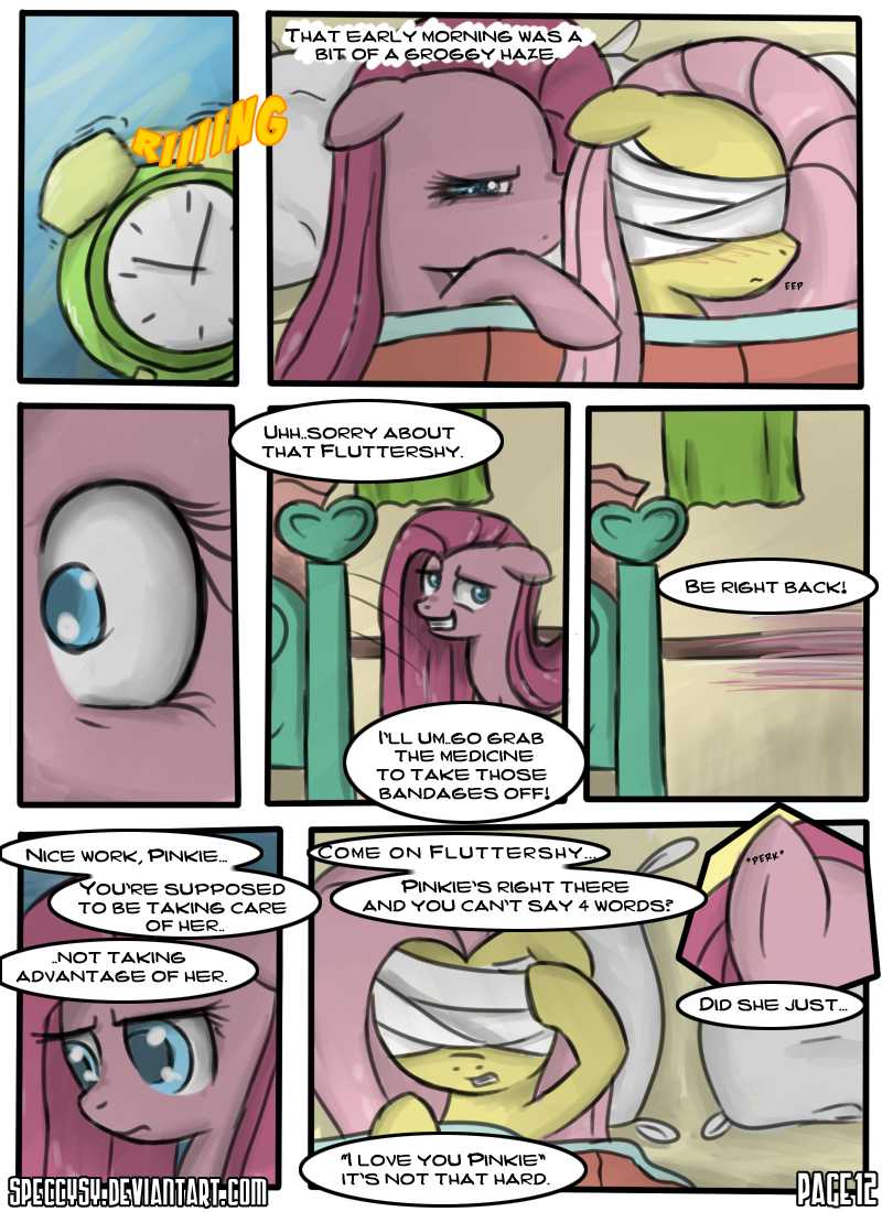 blue_eyes comic dialog dialogue english_text equine female feral fluttershy_(mlp) friendship_is_magic hair horse lesbian mammal my_little_pony pegasus pink_hair pinkamena_(mlp) pinkie_pie_(mlp) pony speccysy straight_hair text wings wounded