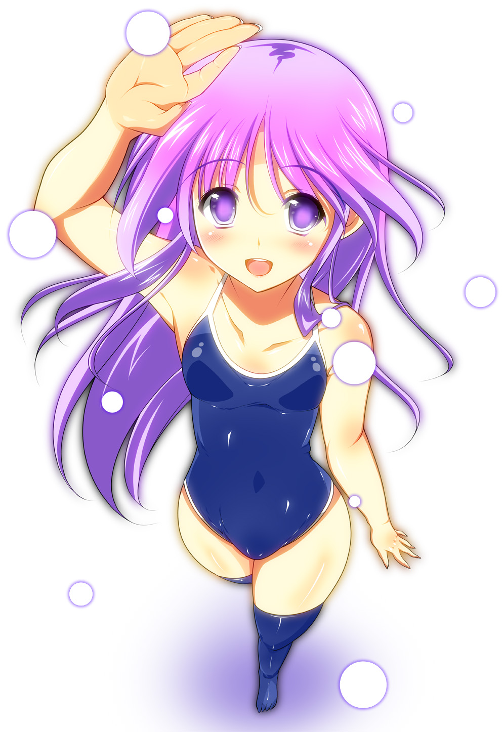 blush bulge competition_school_swimsuit crossdressing from_above happiness! highres long_hair male_focus one-piece_swimsuit otoko_no_ko perspective purple_eyes purple_hair solo swimsuit taigi_akira thighhighs watarase_jun