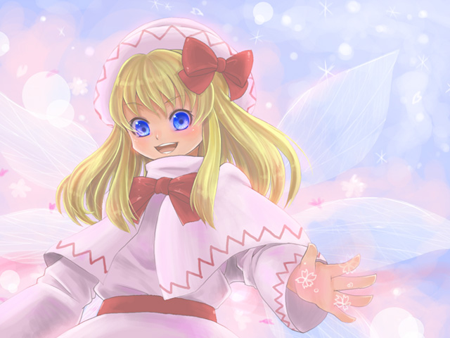 blonde_hair blue_eyes capelet fairy hat lily_white long_sleeves multiple_wings open_mouth pale_color pink pleiad ribbon solo touhou wings