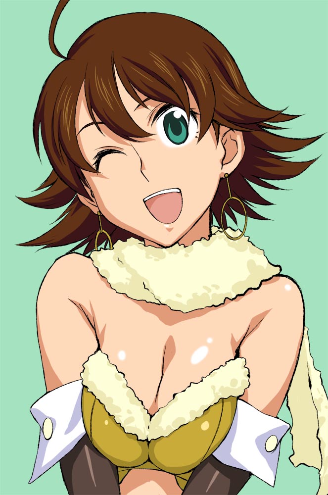 :d ahoge awakened_miki beyond_the_wishes breast_squeeze breasts brown_hair bustier cleavage earrings elbow_gloves fur_trim gloves green_eyes hoop_earrings hoshii_miki idolmaster idolmaster_(classic) jewelry large_breasts one_eye_closed open_mouth scarf shimoigusa simple_background smile